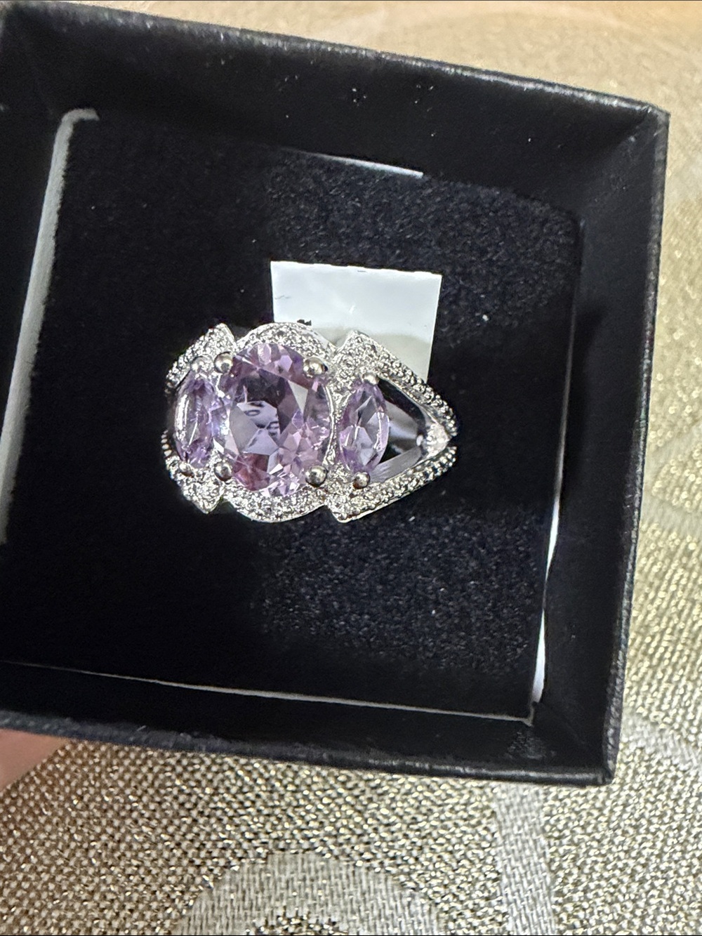 Elegant Purple Crystal Halo Cocktail Ring - Silver 14K wgp Size 7